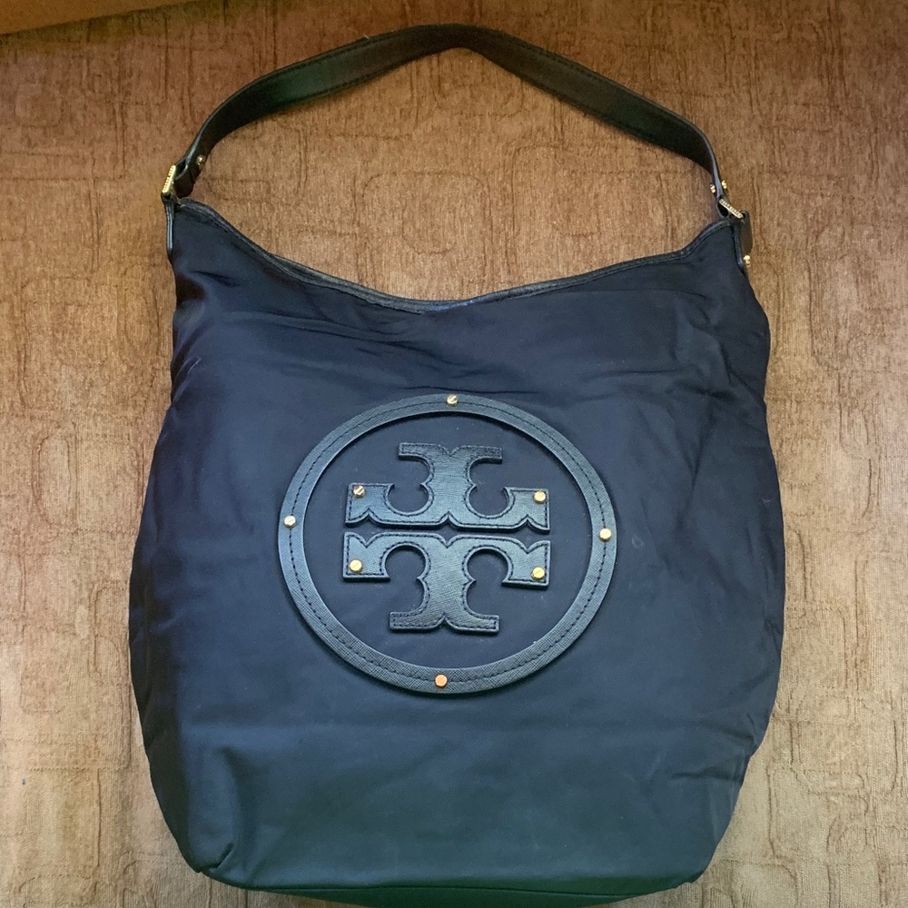 Tory Burch (?)  Black Shopper Nylon Hobo Bag with Logo